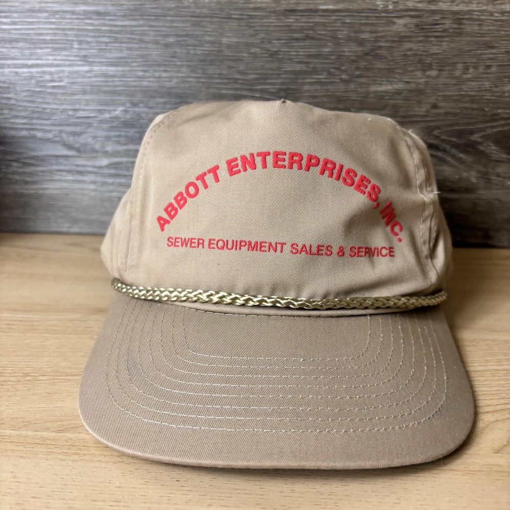 Vintage Abbott Enterprises Hat Cap Snap Back Tan Red Advertising Mens Nissin 90s